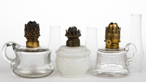 ASSORTED PATTERNED KEROSENE MINIATURE LAMPS, LOT OF THREE