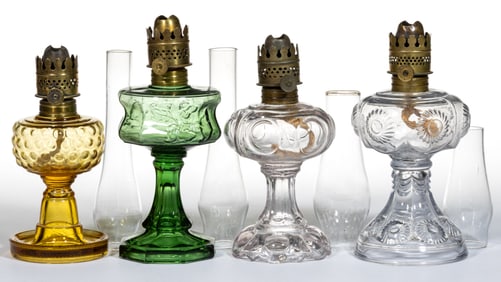 ASSORTED PATTERNED KEROSENE MINIATURE STAND LAMPS, LOT OF FOUR