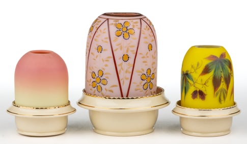 ASSORTED VICTORIAN SATIN GLASS AND ENGLISH CERAMIC FAIRY LAMPS, LOT OF THREE