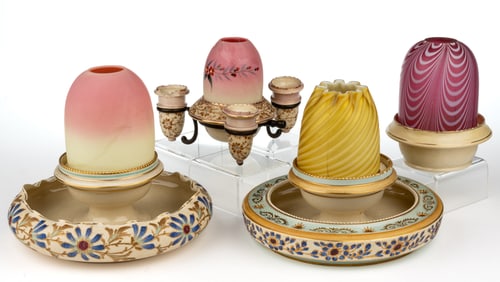 ASSORTED SATIN GLASS AND ENGLISH CERAMIC FAIRY LAMPS, LOT OF FOUR