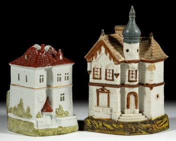ASSORTED BISQUE STRUCTURE / BUILDING FIGURAL NURSERY / FAIRY LAMPS, LOT OF TWO