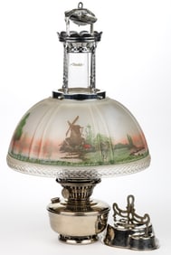 ALADDIN MODEL NO. 12 NICKEL FOUR-POST KEROSENE HANGING LAMP