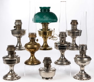 ASSORTED ALADDIN BRASS AND NICKEL-PLATED KEROSENE STAND / TABLE AND BRACKET LAMPS, LOT OF EIGHT