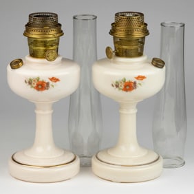 ALADDIN MODEL B-26 / SIMPLICITY WITH DECALCOMANIA KEROSENE STAND LAMPS, PAIR