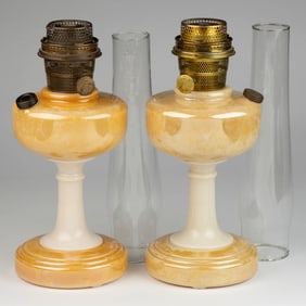 ALADDIN MODEL B-27 / SIMPLICITY WITH GOLD LUSTRE KEROSENE STAND LAMPS, NEAR PAIR