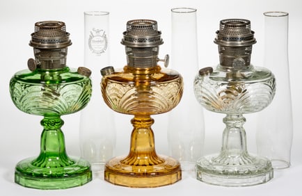 ALADDIN MODEL B-47, B-48, AND B-49 / WASHINGTON DRAPE - BELL STEM KEROSENE STAND LAMPS, LOT OF THREE