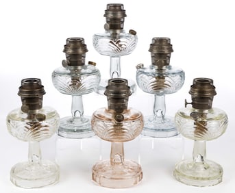 ALADDIN MODEL B-53 TINTED  / WASHINGTON DRAPE - PLAIN STEM KEROSENE STAND LAMPS, LOT OF SIX