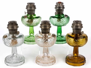 ALADDIN MODEL B-53, B-54, AND B-55 / WASHINGTON DRAPE - PLAIN STEM KEROSENE STAND LAMPS, LOT OF SIX