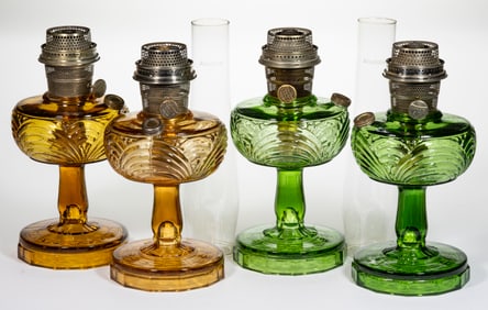 ALADDIN MODEL B-54E AND B-55 / WASHINGTON DRAPE - PLAIN STEM KEROSENE STAND LAMPS, LOT OF FOUR