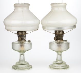 ALADDIN MODEL B-104 / COLONIAL / HOBNAIL KEROSENE STAND LAMPS, NEAR PAIR