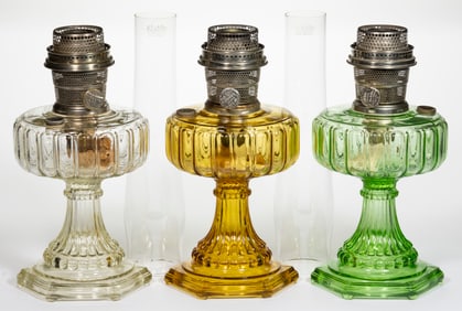 ALADDIN MODEL B-107, B-108 AND B-109 / CATHEDRAL KEROSENE STAND LAMPS, LOT OF THREE