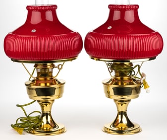 ALADDIN BRASS HERITAGE MODEL N128B REISSUE ELECTRIC KEROSENE-FORM STAND LAMP WITH VERTIQUE SHADES,