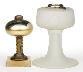 ASSORTED PATTERNED KEROSENE STAND LAMPS, LOT OF TWO