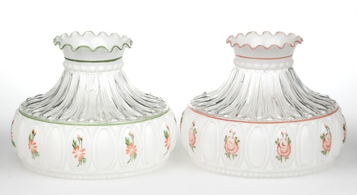 ALADDIN / FENTON SHORT LINCOLN DRAPE KEROSENE STAND LAMP SHADES, LOT OF TWO