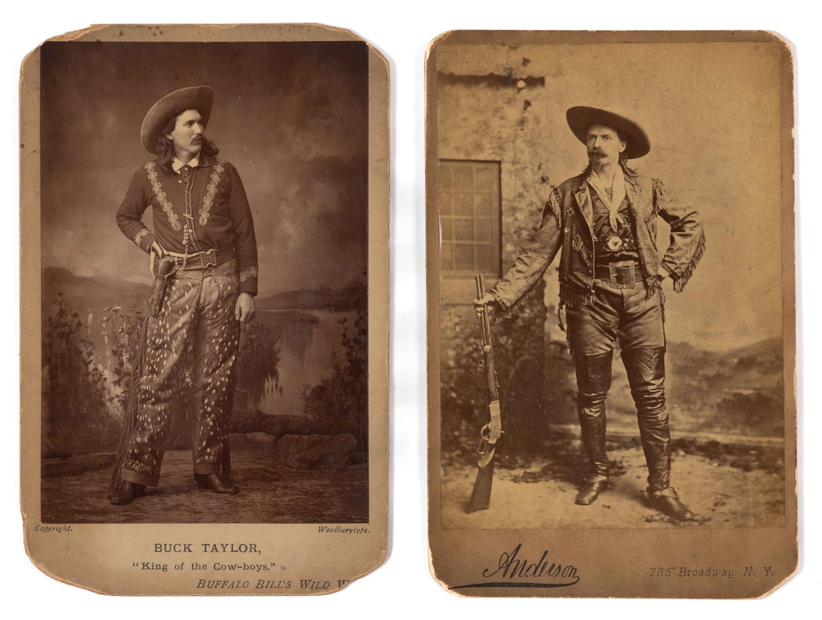 ANTIQUE WESTERN COWBOY CABINET CARD PHOTOGRAPHS, LOT OF TWO: ANTIQUE WESTERN COWBOY CABINET CARD PHOTOGRAPHS, LOT OF TWO, each on card stock, comprising "Buck Taylor, King of the Cow-boys", also stamped "Buffalo Bill's Wild West," a