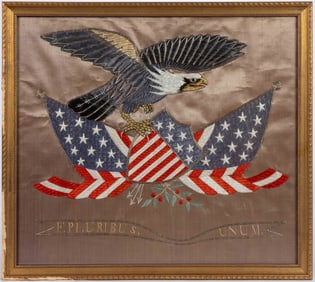 PATRIOTIC AMERICAN EAGLE EMBLEM SILK-EMBROIDERED NEEDLEWORK PICTURE / PANEL