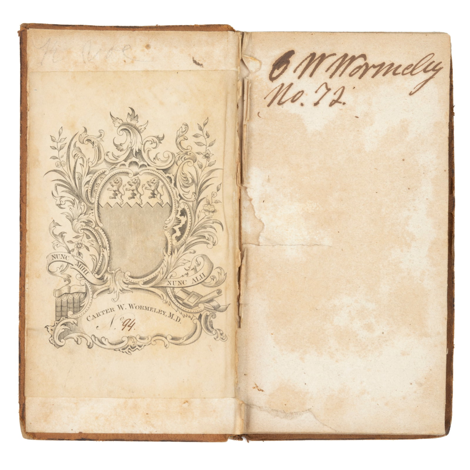 VIRGINIA WORMELEY FAMILY ENGRAVED ARMORIAL BOOKPLATE: VIRGINIA WORMELEY FAMILY ENGRAVED ARMORIAL BOOKPLATE, copper-plate on paper, ornate Chippendale style with family motto "NUNC MIHI NUNC ALII," above a scrollwork cartouche pri