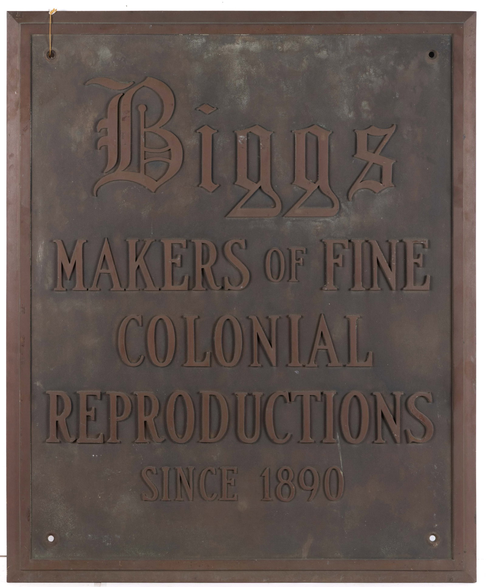 BIGGS FURNITURE COMPANY RICHMOND, VIRGINIA BRONZE SIGN / PLAQUE: BIGGS FURNITURE COMPANY RICHMOND, VIRGINIA BRONZE SIGN / PLAQUE, cast-bronze with an integral frame and four threaded anchors currently detached, text reads "Biggs / MAKERS OF FINE / CO
