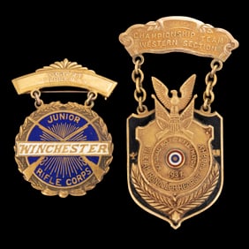VINTAGE 10K YELLOW GOLD RIFLEMAN / SHOOTING MEDAL AND BADGE, LOT OF TWO