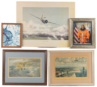 VINTAGE AEROSPACE PRINTS AND SIGNED PHOTOGRAPHS, LOT OF SIX