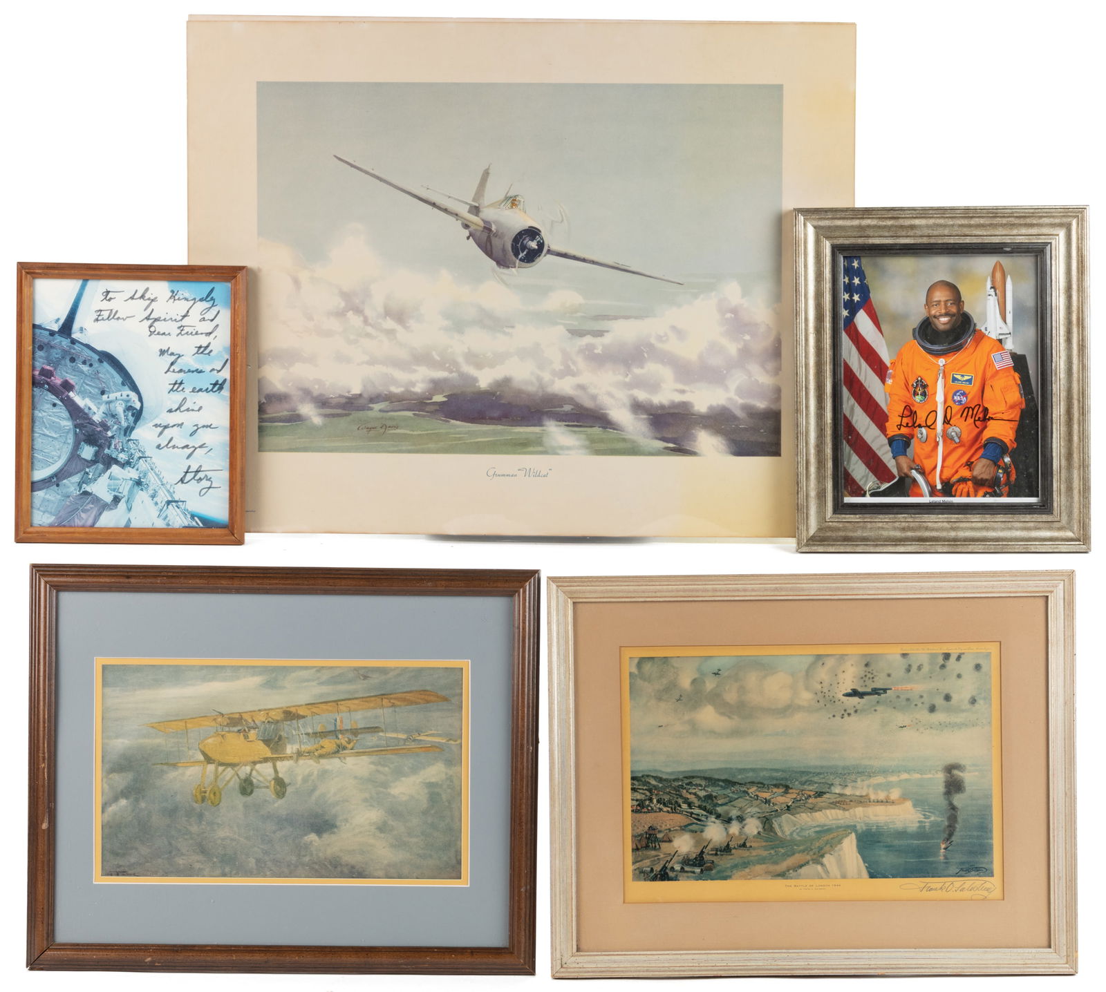 VINTAGE AEROSPACE PRINTS AND SIGNED PHOTOGRAPHS, LOT OF SIX: VINTAGE AEROSPACE PRINTS AND SIGNED PHOTOGRAPHS, LOT OF SIX, comprising Frank O. Salisbury "The Battle of London 1944" Raphael Tuck print signed in pencil by the artist lower right; a W