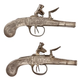 ANTIQUE SEGLAS, LONDON ALL-STEEL DOUBLE-BARREL FLINTLOCK POCKET PISTOLS, PAIR