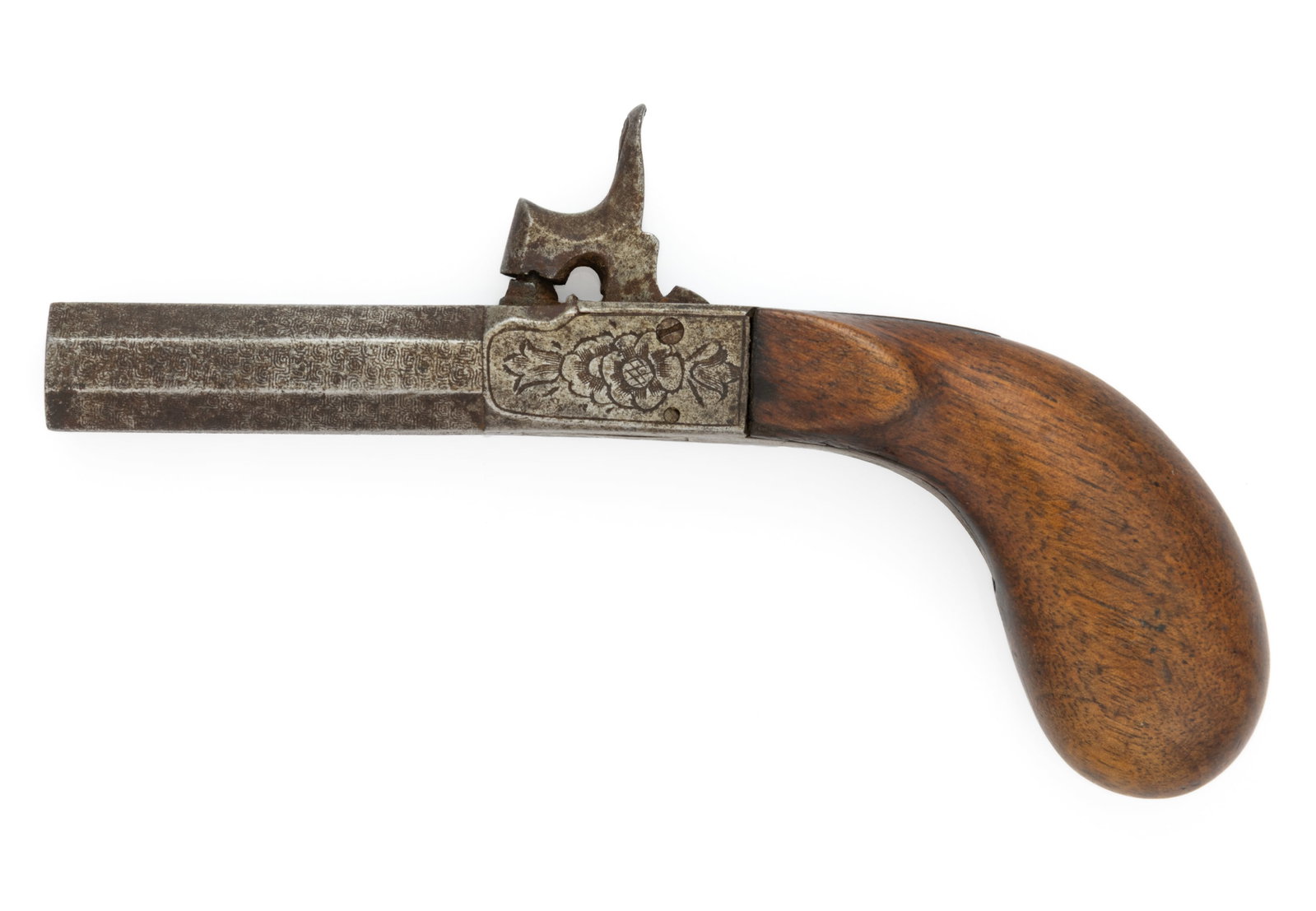 ANTIQUE BELGIAN PERCUSSION BOOT PISTOL: ANTIQUE BELGIAN PERCUSSION BOOT PISTOL, approximately 44 caliber, the octagonal barrel having an overall tightly scrolled design and Liege mark on one flat, engraved frame, tang, and folding trigger, 