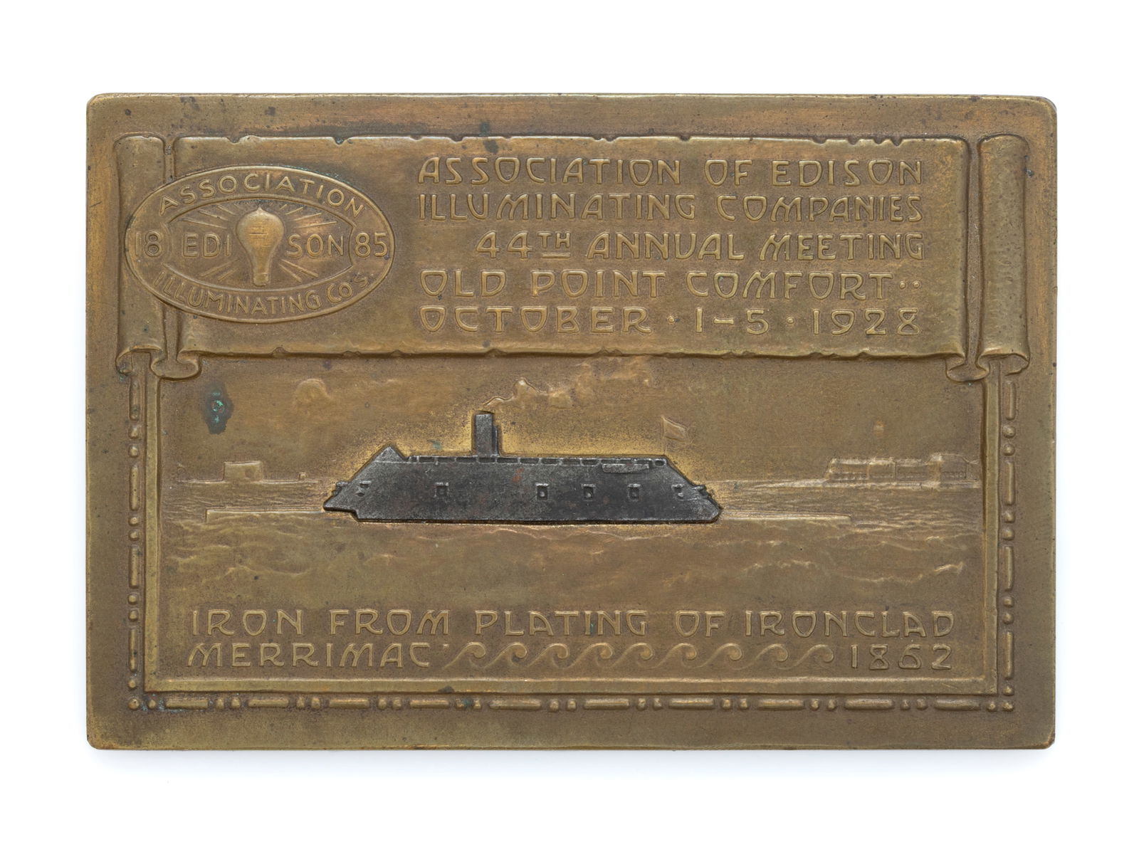 CSS VIRGINIA / USS MERRIMAC CIVIL WAR RELIC CONTAINED WITHIN A COMMEMORATIVE MEDAL / PAPERWEIGHT (1 of 2)