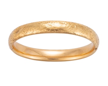 ANTIQUE / VINTAGE 14K YELLOW GOLD ENGRAVED-DECORATED BANGLE BRACELET