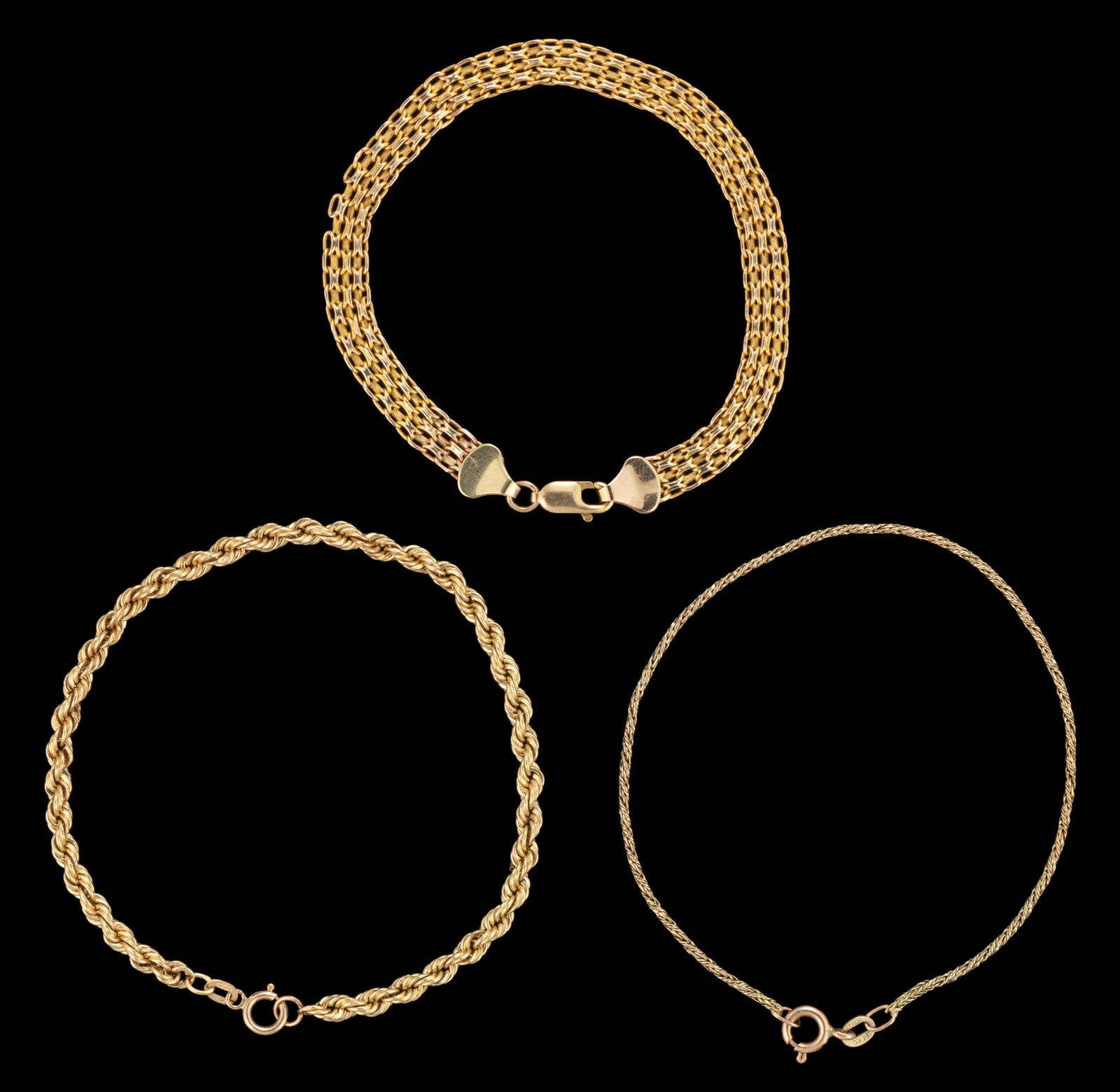 VINTAGE / CONTEMPORARY 14K YELLOW GOLD BRACELET CHAINS, LOT OF THREE (1 of 2)