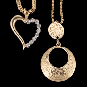 VINTAGE / CONTEMPORARY 14K YELLOW GOLD PENDANTS ON NECKLACE CHAINS, LOT OF TWO