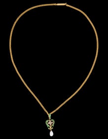 ANTIQUE 14K YELLOW GOLD, ENAMEL, AND PEARL PENDANT ON 14K YELLOW GOLD NECKLACE CHAIN
