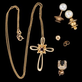 VINTAGE / CONTEMPORARY 14K AND 18K YELLOW GOLD JEWELRY, LOT OF FOUR