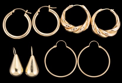 VINTAGE / CONTEMPORARY 14K YELLOW GOLD EARRINGS, FOUR PAIRS