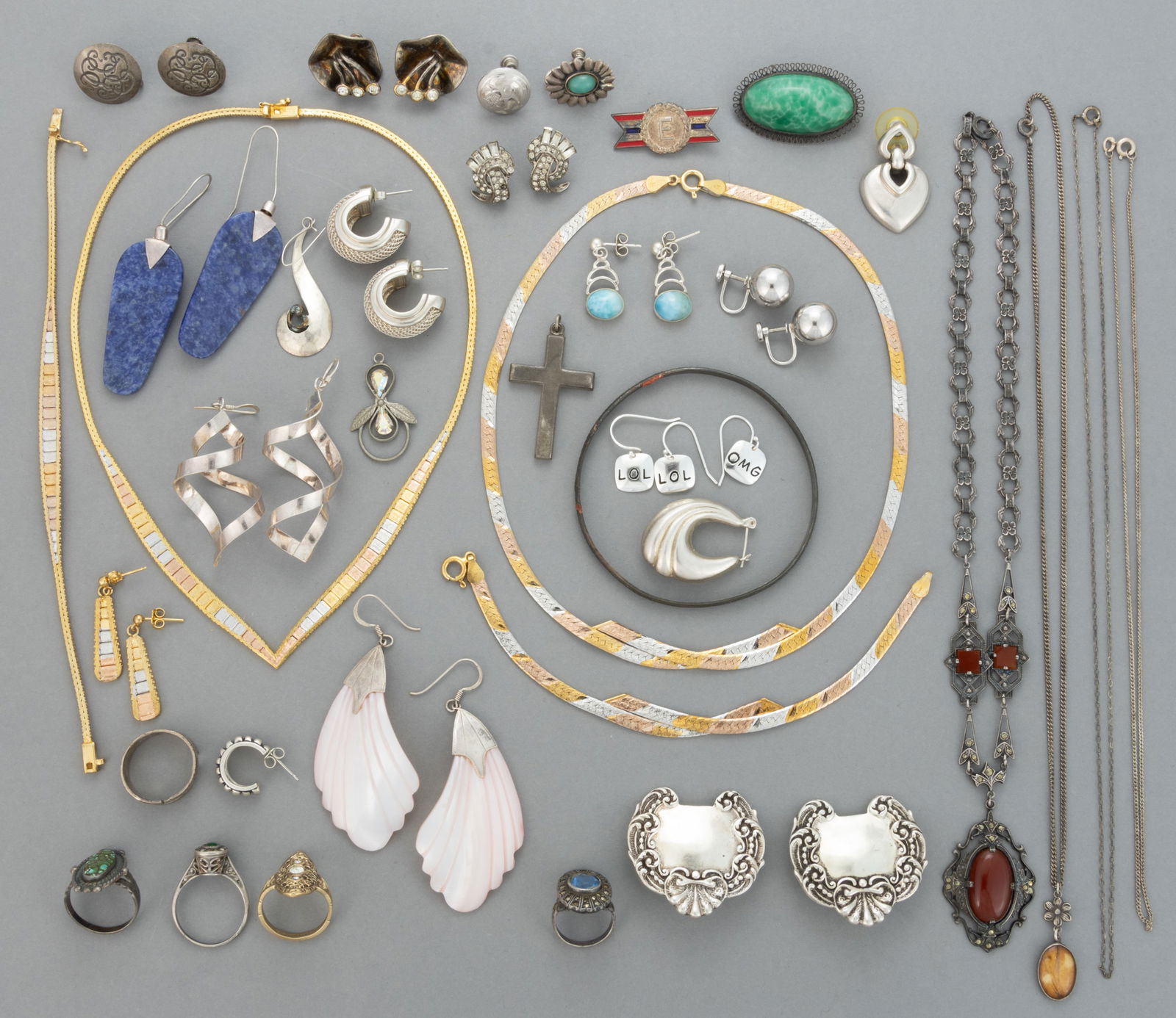 VINTAGE AND CONTEMPORARY STERLING SILVER JEWELRY, LOT OF 49 PIECES (1 of 2)