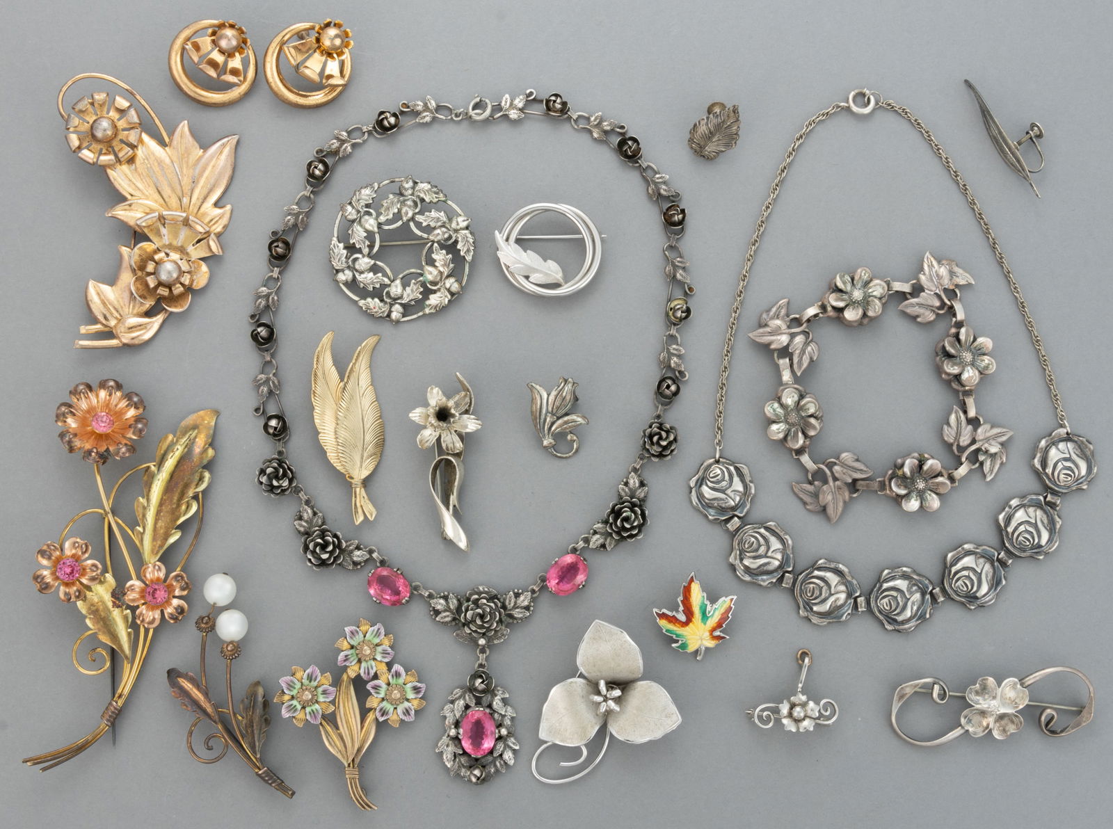 VINTAGE STERLING SILVER FLORAL AND OTHER FIGURAL JEWELRY, LOT OF 21 PIECES (1 of 1)