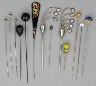 ANTIQUE AND VINTAGE HATPINS AND HAIR PINS, LOT OF 13