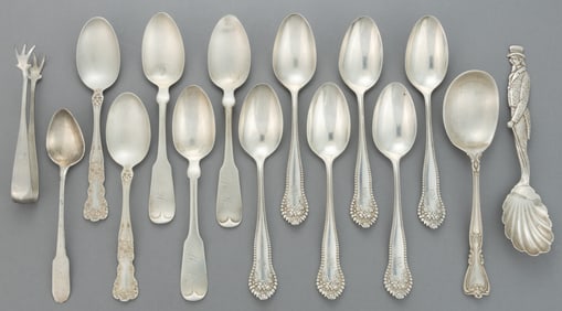 GORHAM AND OTHER STERLING AND COIN SILVER SPOONS AND SUGAR TONGS, LOT OF 15