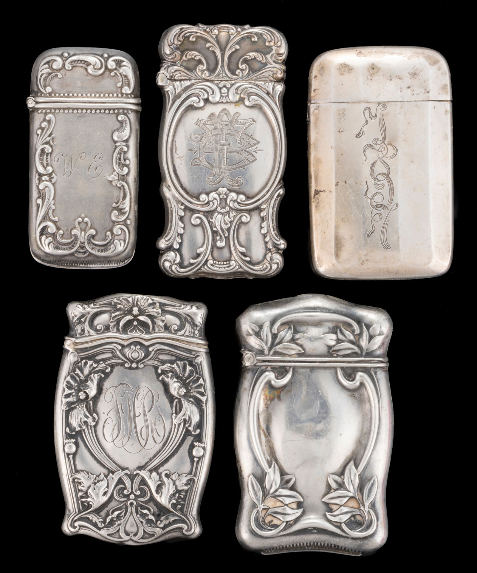 GORHAM AND OTHER STERLING SILVER MATCH SAFES, LOT OF FIVE (1 of 2)