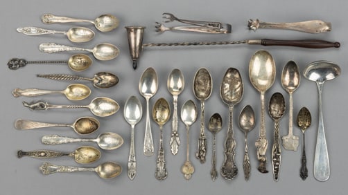 ASSORTED STERLING SILVER AND SILVER-PLATED SOUVENIR SPOONS AND OTHER ARTICLES, LOT OF 28