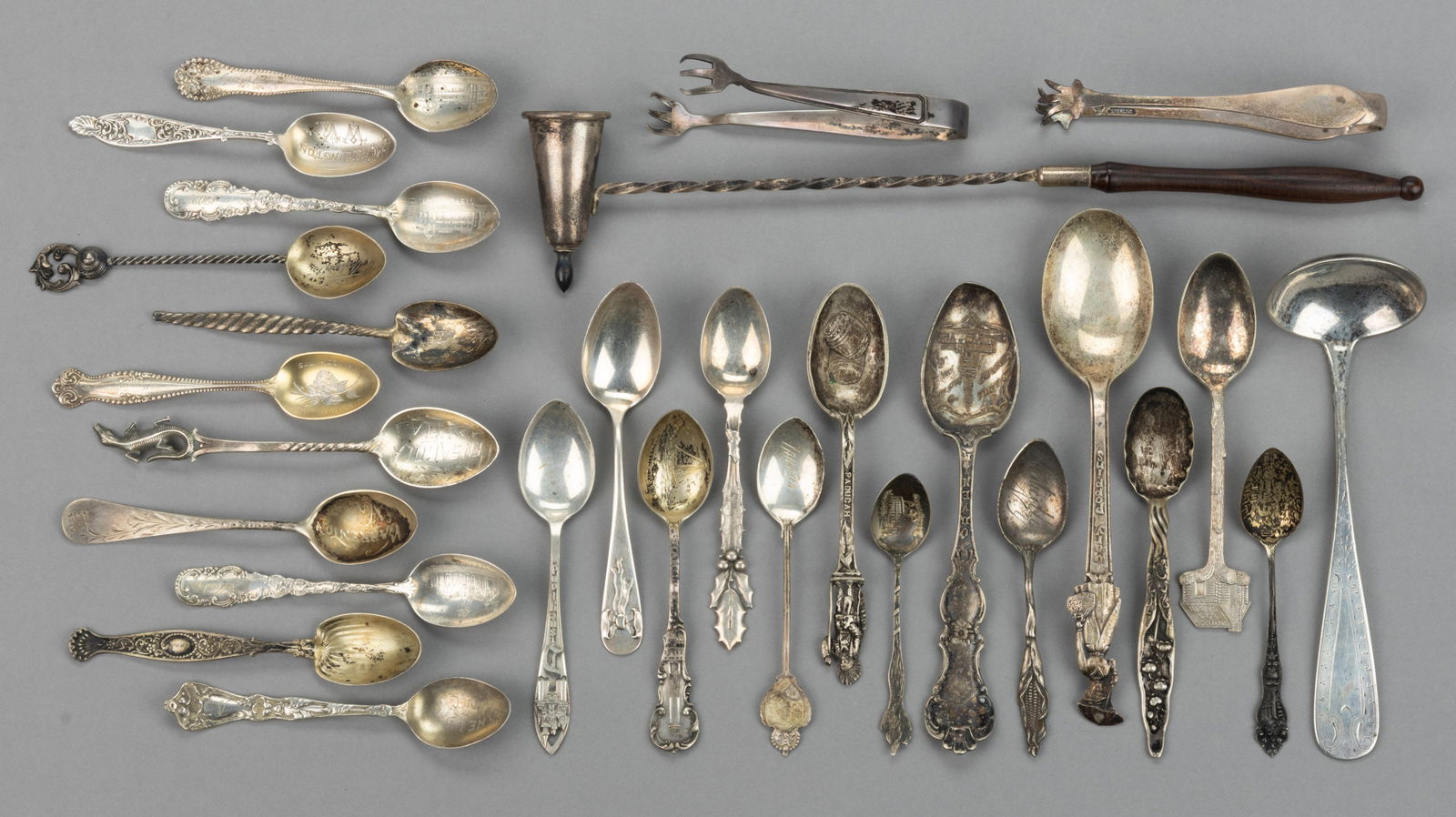 ASSORTED STERLING SILVER AND SILVER-PLATED SOUVENIR SPOONS AND OTHER ARTICLES, LOT OF 28 (1 of 1)