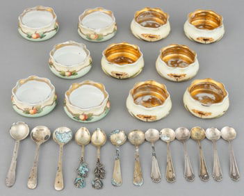 ASSORTED STERLING / OTHER SILVER SALT SPOONS AND AUSTRIAN PORCELAIN OPEN SALTS, LOT OF 24