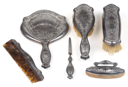 R. BLACKINTON CO. STERLING SILVER-HANDLED SIX-PIECE DRESSER / VANITY SET