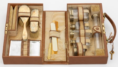 BRITISH EDWARDIAN TRAVEL DRESSER / VANITY SET WITH STERLING SILVER COVERS AND HANDLES