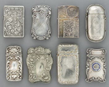 ANTIQUE / VINTAGE STERLING SILVER AND OTHER MATCH SAFES AND LIGHTER COVERS, LOT OF EIGHT