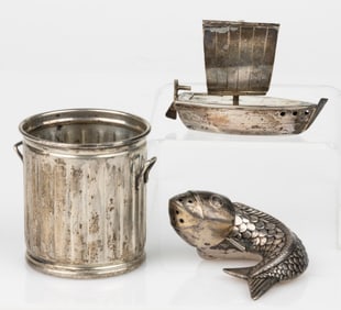 NORWEGIAN AND OTHER FIGURAL STERLING SILVER SHAKERS AND TOOTHPICK HOLDER, LOT OF THREE