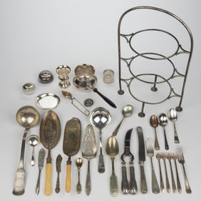 ASSORTED SILVER-PLATED, AND POSSIBLY OTHER SILVER, ARTICLES, UNCOUNTED LOT