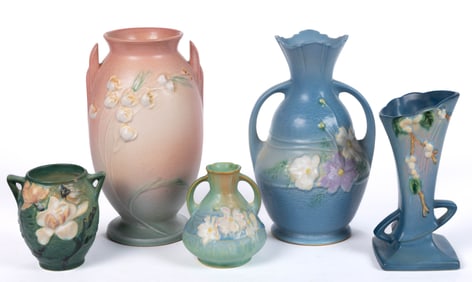 AMERICAN ROSEVILLE ART POTTERY FLORAL MOTIF VASES, LOT OF FIVE