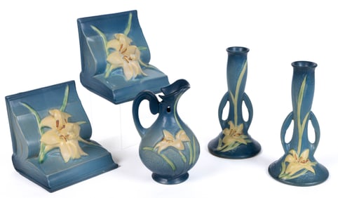 AMERICAN ROSEVILLE ART POTTERY ZEPHYR LILY ARTICLES, LOT OF FIVE