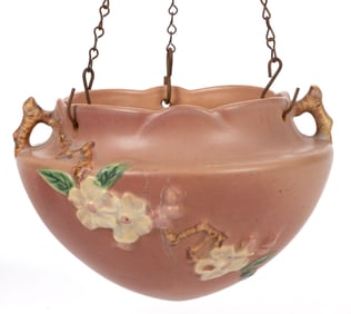 AMERICAN ROSEVILLE ART POTTERY APPLE BLOSSOM HANGING BASKET / PLANTER
